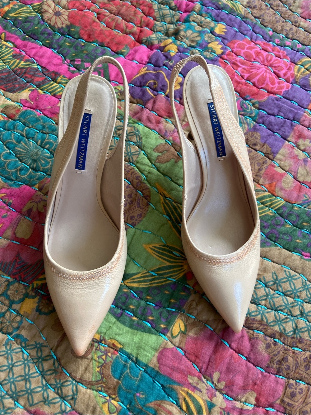 Stuart Weitzman Beige Pointed-Toe Slingback Pumps